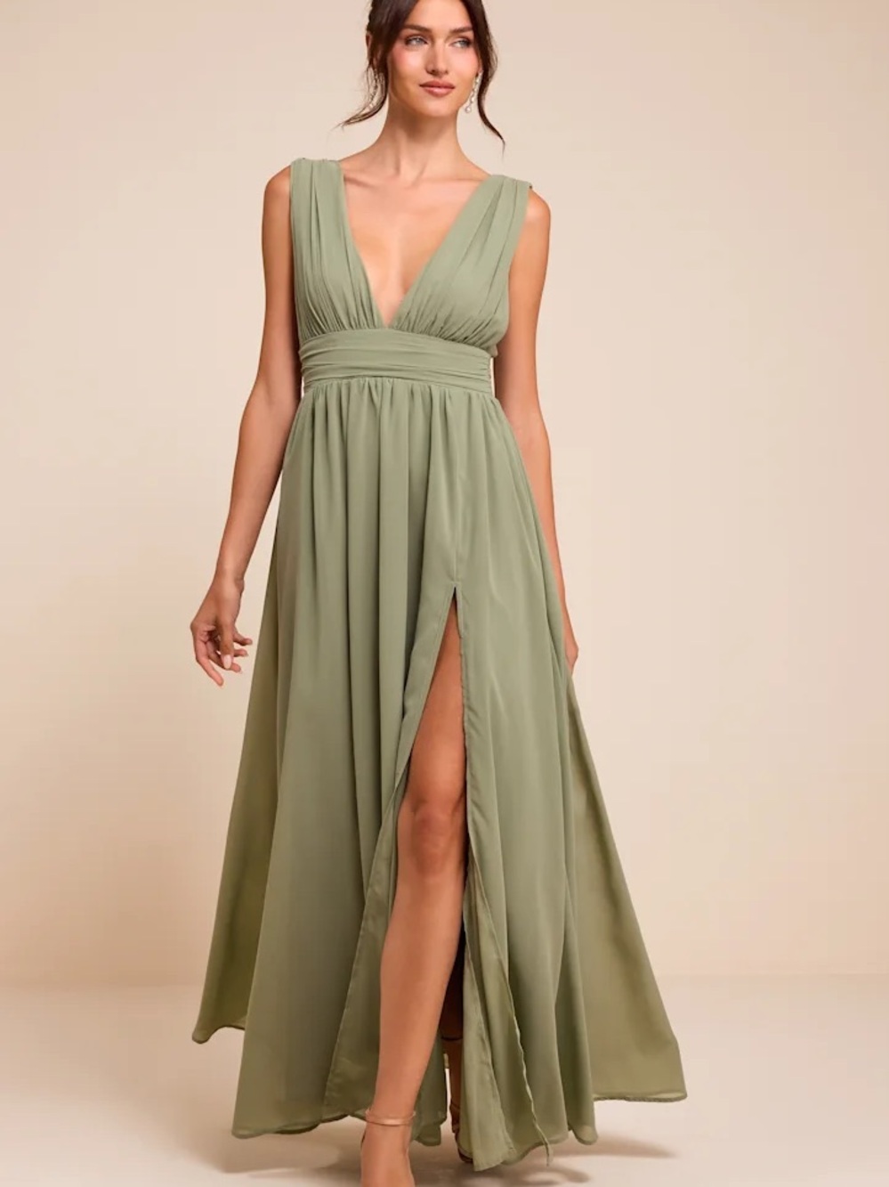 Lulu's Olive Green V-Neck Maxi Dress with Thigh Slit